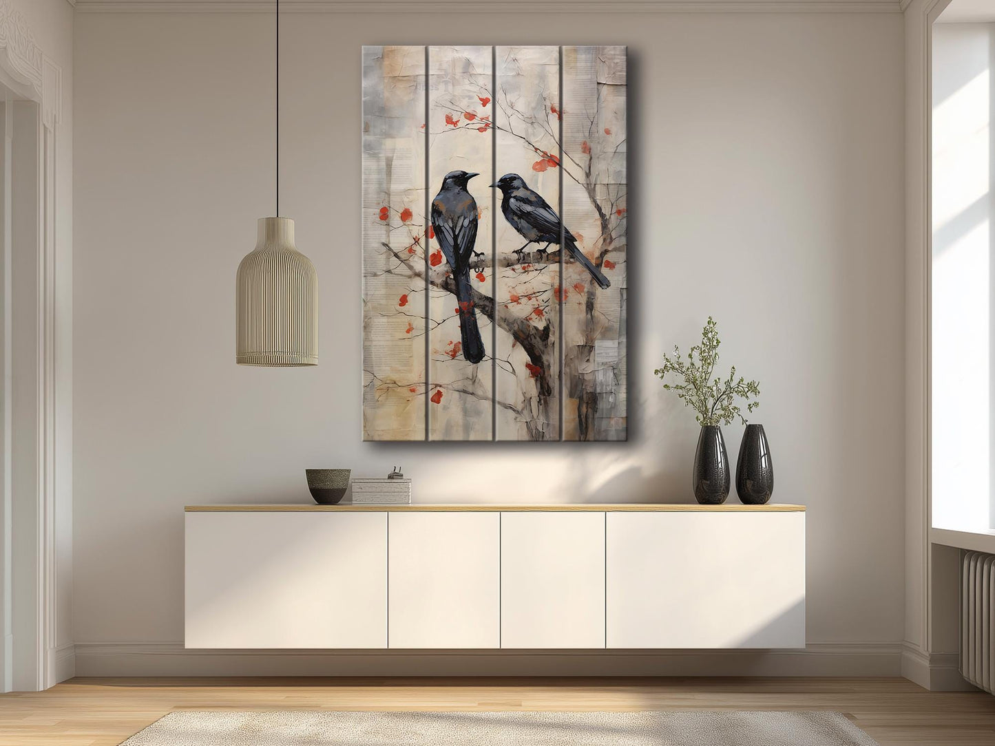 Vintage Crow Art Print – Rustic Wildlife Wall Art On Natural Wood Planks