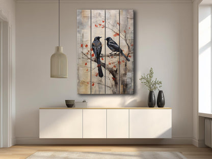 Vintage Crow Art Print – Rustic Wildlife Wall Art On Natural Wood Planks