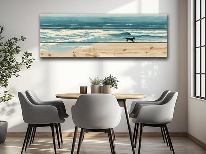 Coastal Wall Art – Dog Running on Beach Wood Print | Rustic Natural Decor