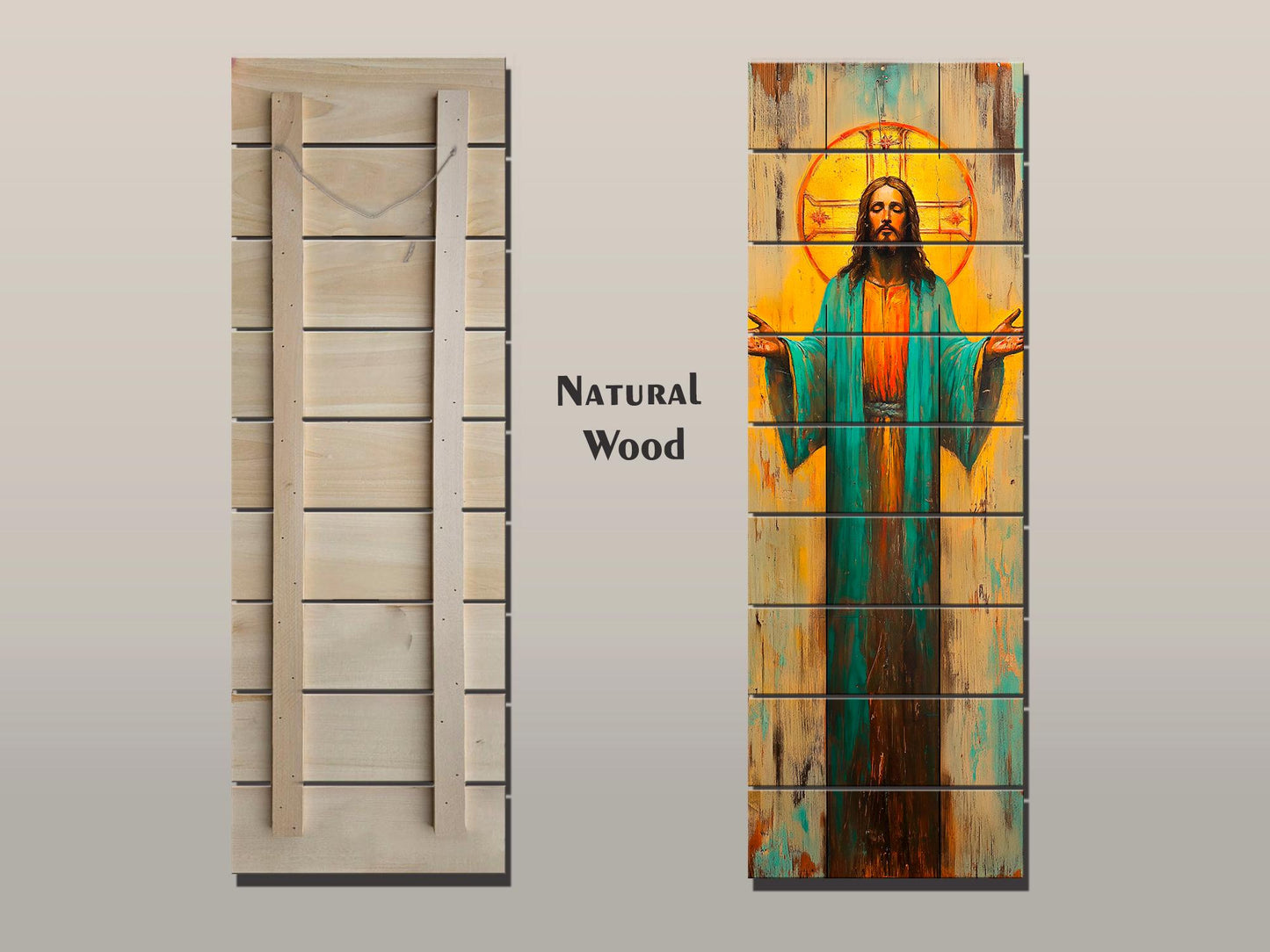 Jesus Christ with Open Arms Painting on Natural Wood – Rustic Religious Print, Christian Wall Decor, Biblical Wall Art, Church Wall Decor