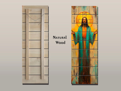 Jesus Christ with Open Arms Painting on Natural Wood – Rustic Religious Print, Christian Wall Decor, Biblical Wall Art, Church Wall Decor