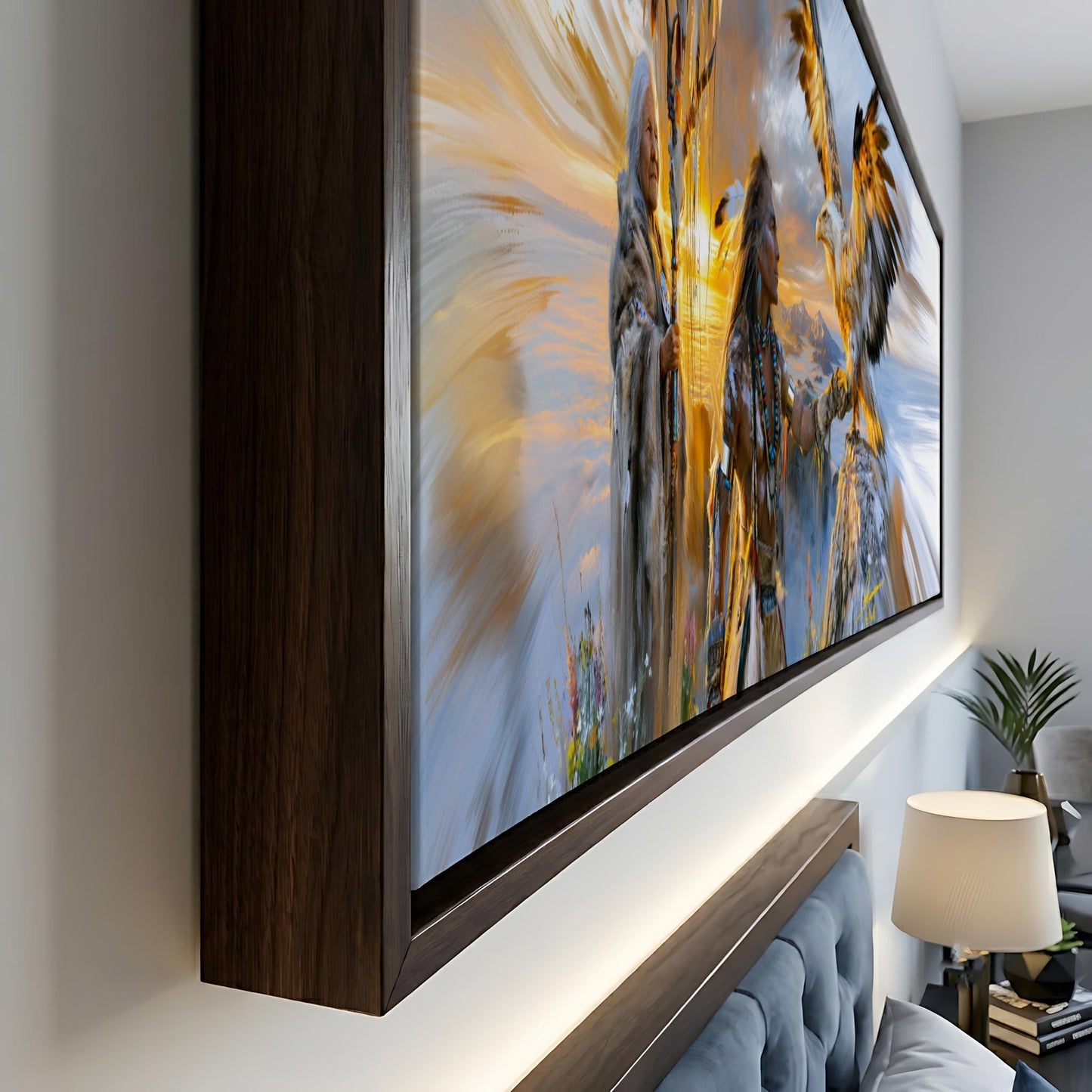 a large, vibrant painting of a landscape with a wooden frame, hanging on a wall in a room.