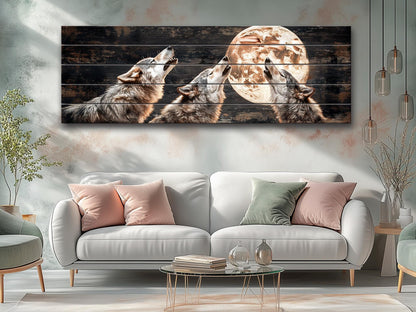 Rustic Wood Wall Art – Howling Wolves Moon Print on Natural Wood | Indigenous Wolf Decor