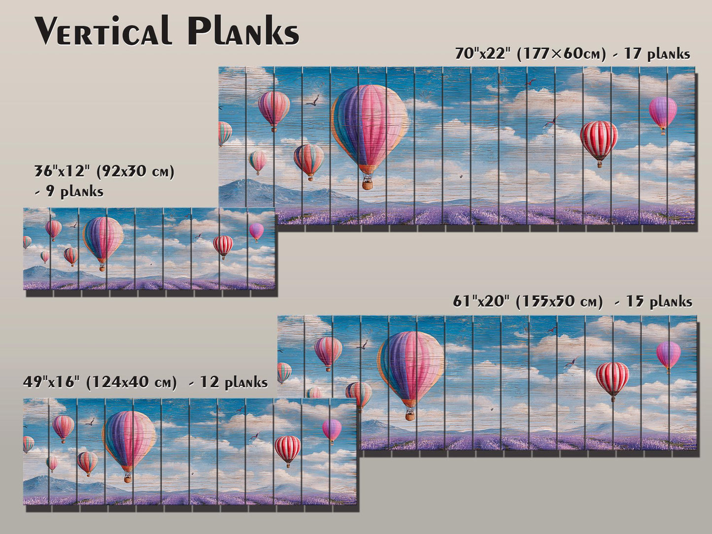 Romantic Hot Air Balloons Over Lavender Fields Print on Natural Wood, Soft Tone Painting, Soft Tones Balloons Wall Art, Wood Wall Art
