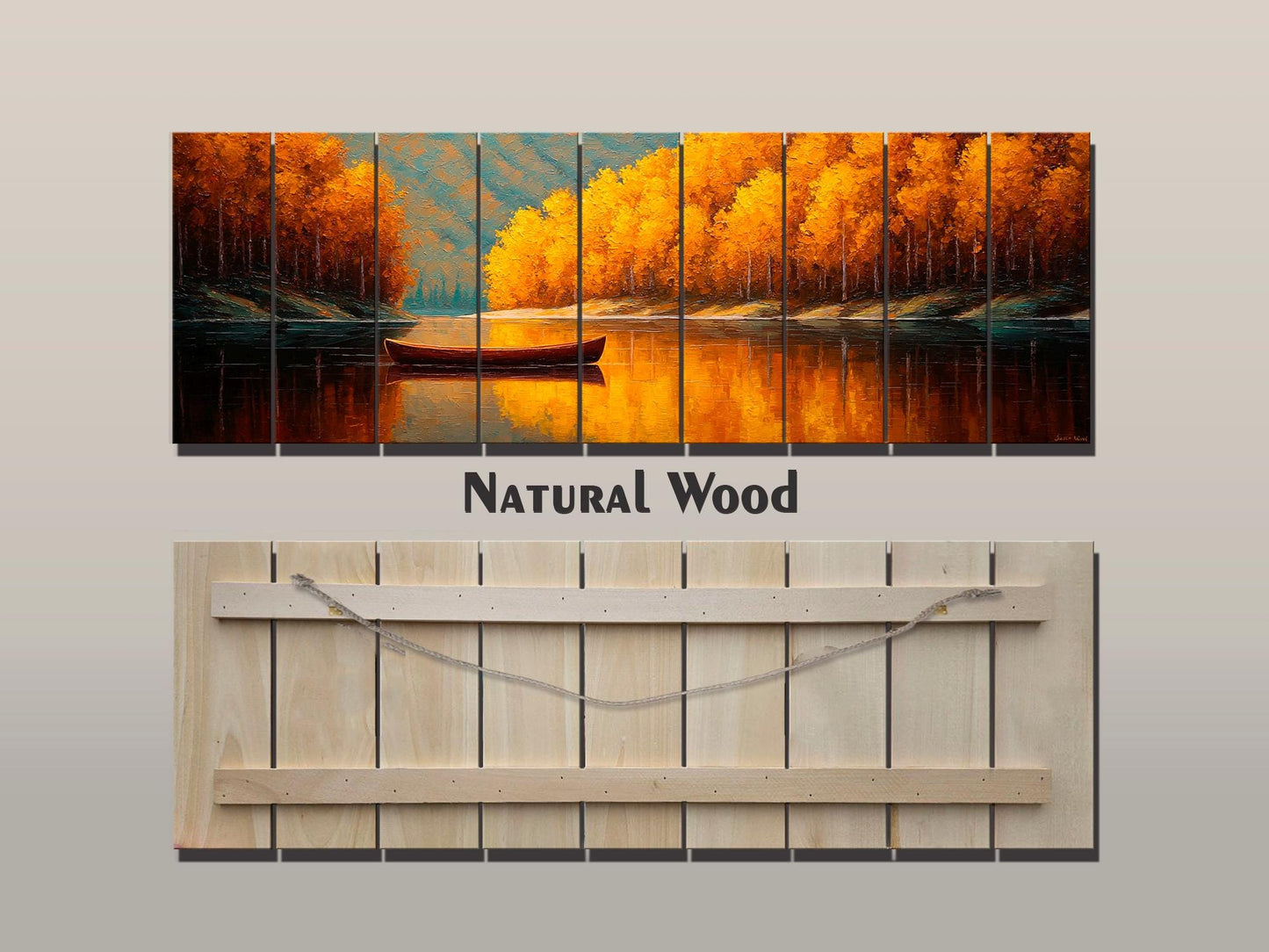 Wood Wall Art – Tranquil Lake Canoe Print on Natural Wood with Rustic Autumn Landscape