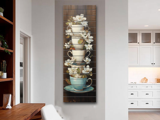 Vintage Wood Wall Art – Rustic Kitchen Decor with Stacked Teacups & White Flower Print