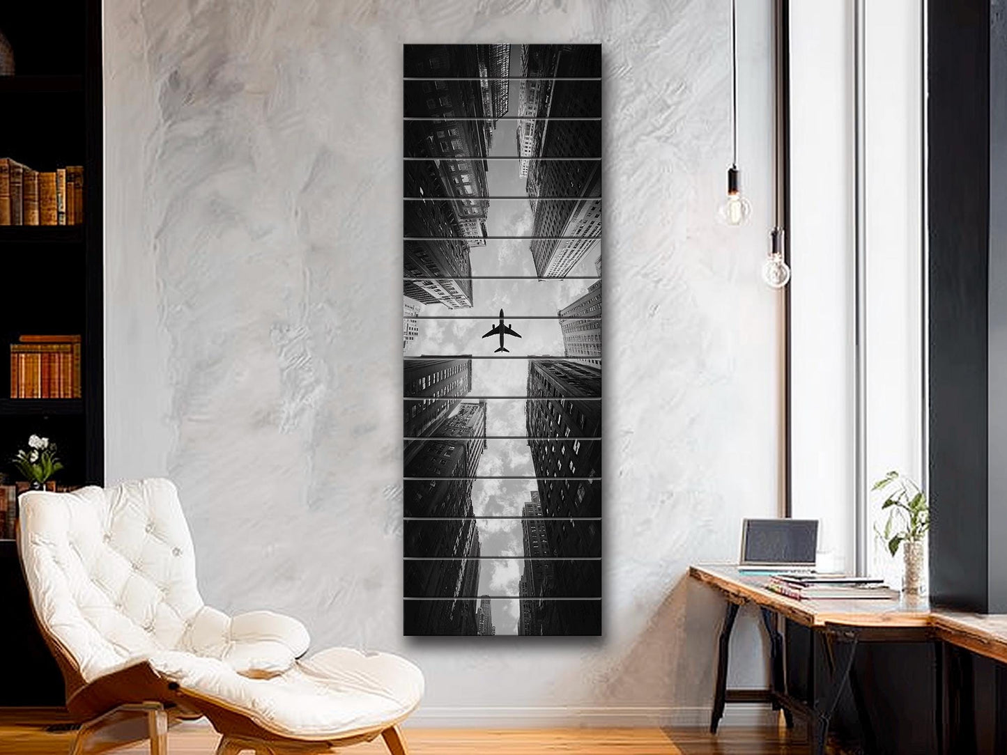 Airplane Print on Wood – Black and White Cityscape Wood Print | Urban Wall Decor