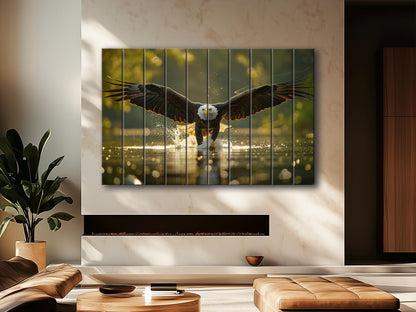 Hunting Eagle Painting Printed on Natural Wood, Birds Hunters Wall Art, Eagle Fishing, Hunter Gift, Wood Wall Art