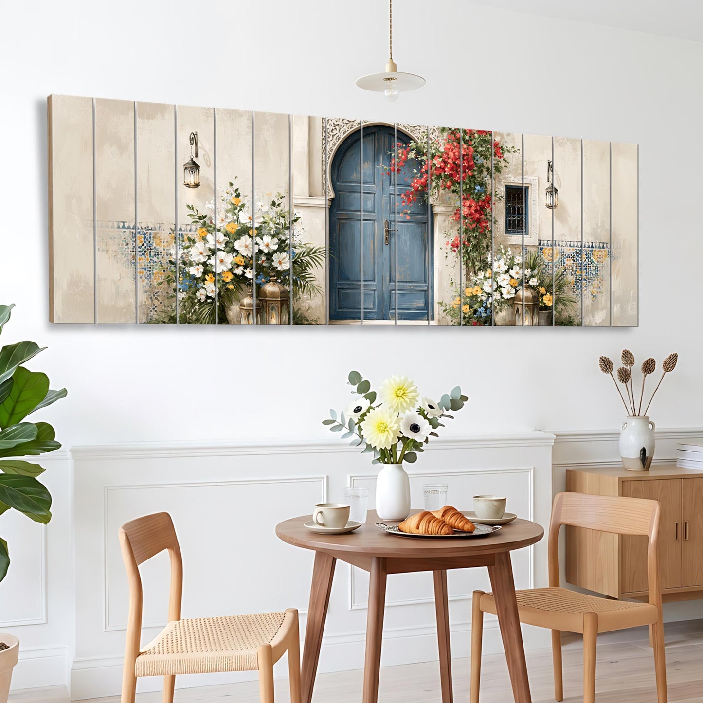 Moroccan Blue Door Canvas Print, Mediterranean Entryway Wall Art, Floral Courtyard Painting, Moroccan Decor
