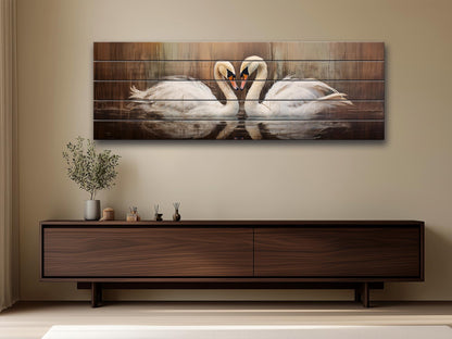 Rustic Swans Couple Forming a Heart Print on Natural Wood, Romantic Wall Art, Rustic Swans Painting, Swans Wall Art, Wood Wall Art