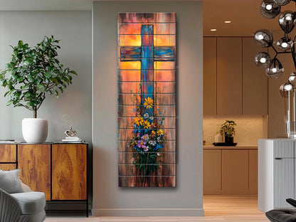Rustic Cross with Wildflowers Painting Printed on Natural Wood – Christian Print on Wood, Religious Wall Art, Christian Wall Decor