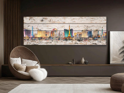 Rustic Las Vegas Painting – Panoramic Wood Wall Art with Neon Lights Print