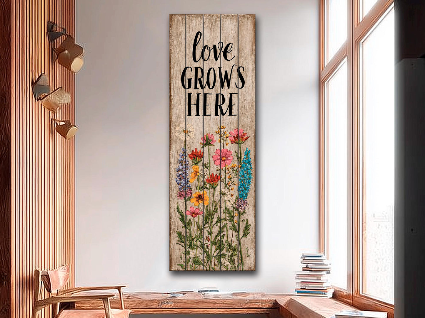Rustic Wood Wall Art – Love Grows Here Sign With Wildflower Farmhouse Decor