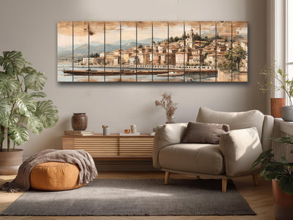 French Riviera Wood Print – Rustic Wall Art With Beige Pastel Painting On Distressed Wood