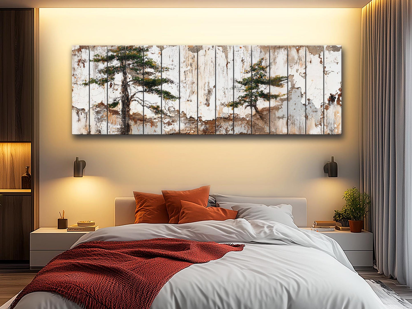 Wabi Sabi Wood Art – Rustic Wall Art with Pine Trees on Textured Wood Panel