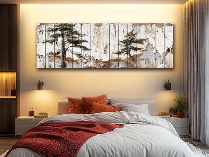 Wabi Sabi Wood Art – Rustic Wall Art with Pine Trees on Textured Wood Panel