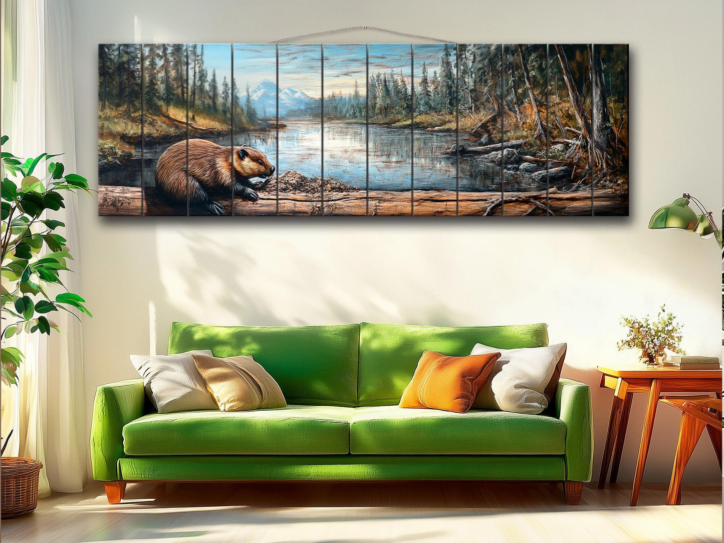 Rustic Beaver Building a Dam in Forest Print on Natural Wood, Rustic Forest Wall Art, Forest Landscape Painting, Wood Print, Wood Wall Art