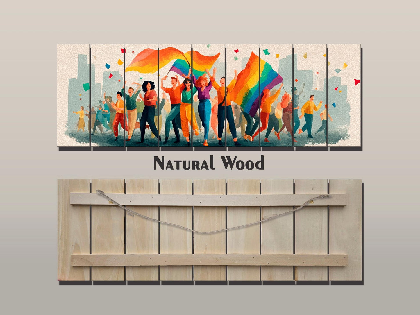 Pride Parade Print on Wood, Joyful LGBT Celebration Wall Art