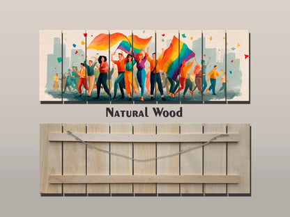 Pride Parade Print on Wood, Joyful LGBT Celebration Wall Art