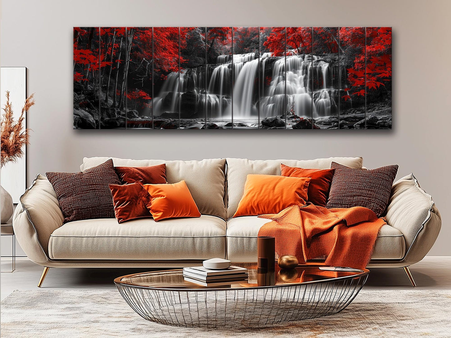 Wood Wall Art – Abstract Black White Waterfall Red Forest Print on Natural Wood