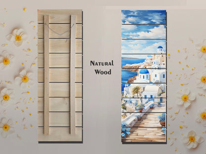 Santorini Wood Art – Abstract Greek Wall Decor Printed on Natural Wood Panel