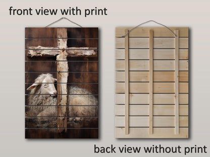 Religious Wall Art - Lamb And Cross Print | Natural Wood Decor - UV Printed Wood