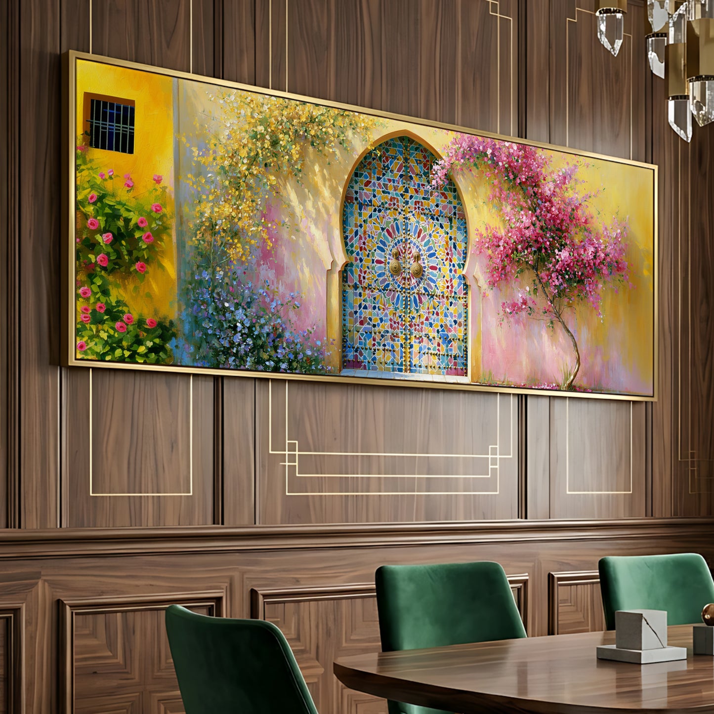 a large, colorful painting of a stained glass window with a floral design, hanging on a wooden wall above a dining table with green chairs.