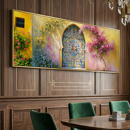 a large, colorful painting of a stained glass window with a floral design, hanging on a wooden wall above a dining table with green chairs.