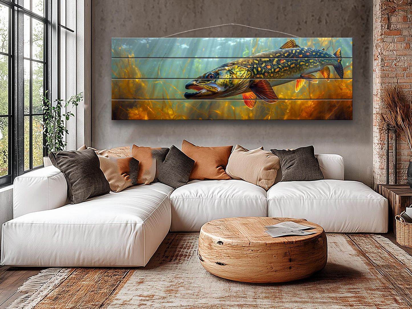 Northern Pike Wall Art – Rustic Fishing Wall Decor on Natural Wood Planks