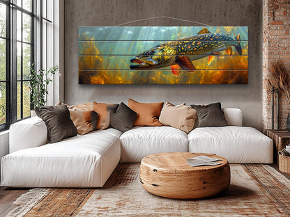 Northern Pike Wall Art – Rustic Fishing Wall Decor on Natural Wood Planks