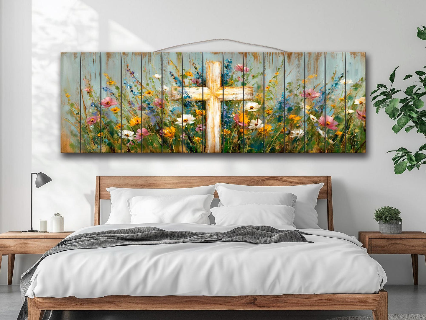 Christian Wood Wall Art – Rustic Cross Painting | Handcrafted Wildflower Wood Plank Artwork