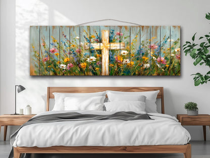Christian Wood Wall Art – Rustic Cross Painting | Handcrafted Wildflower Wood Plank Artwork