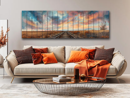 Wood Wall Art – Railway Through Field Print On Natural Wood Plank Decor
