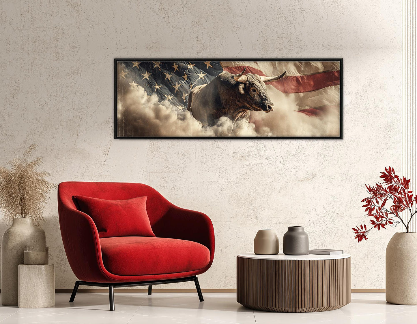 Rodeo Bull on the US Flag Canvas Print, Western Wall Art, Framed and Ready to Hang