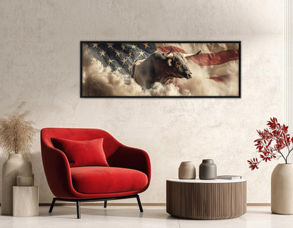 Rodeo Bull on the US Flag Canvas Print, Western Wall Art, Framed and Ready to Hang