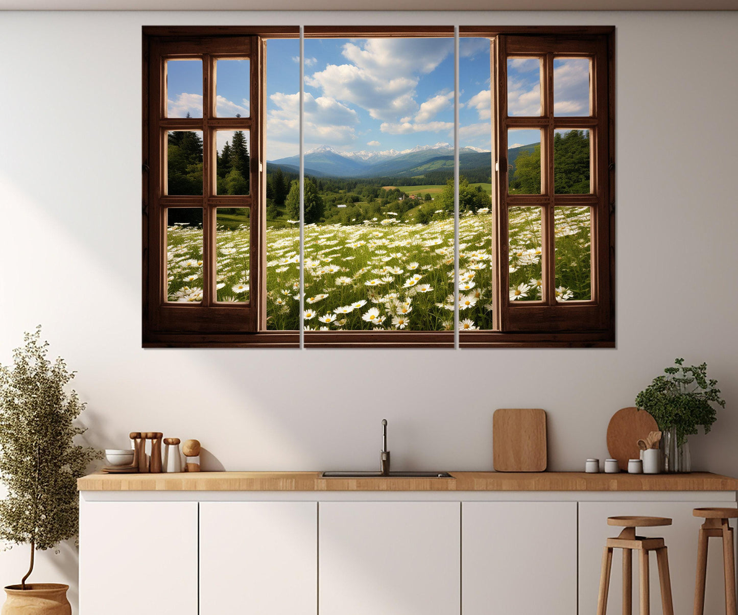 Chamomile Field Canvas – Open Window Faux Window Wall Art, Framed Canvas Print Ready to Hang