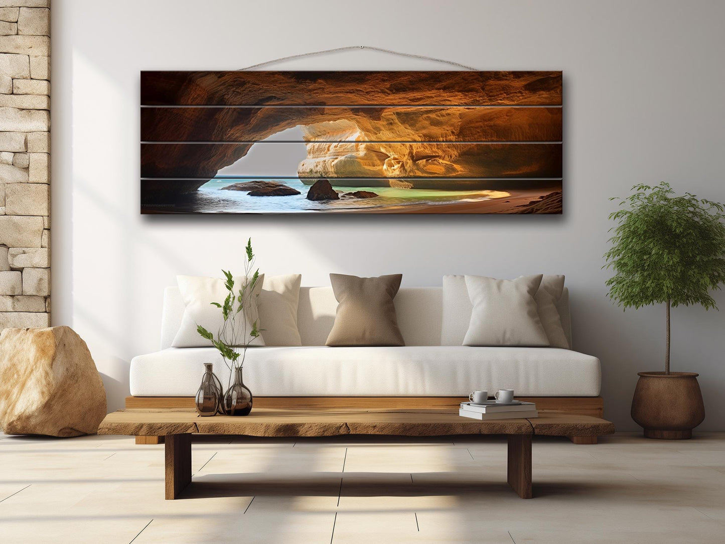 Benagil Cave Wall Art – Natural Wood  Print| Portugal Coastal Scene Print