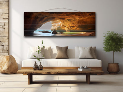 Benagil Cave Wall Art – Natural Wood  Print| Portugal Coastal Scene Print