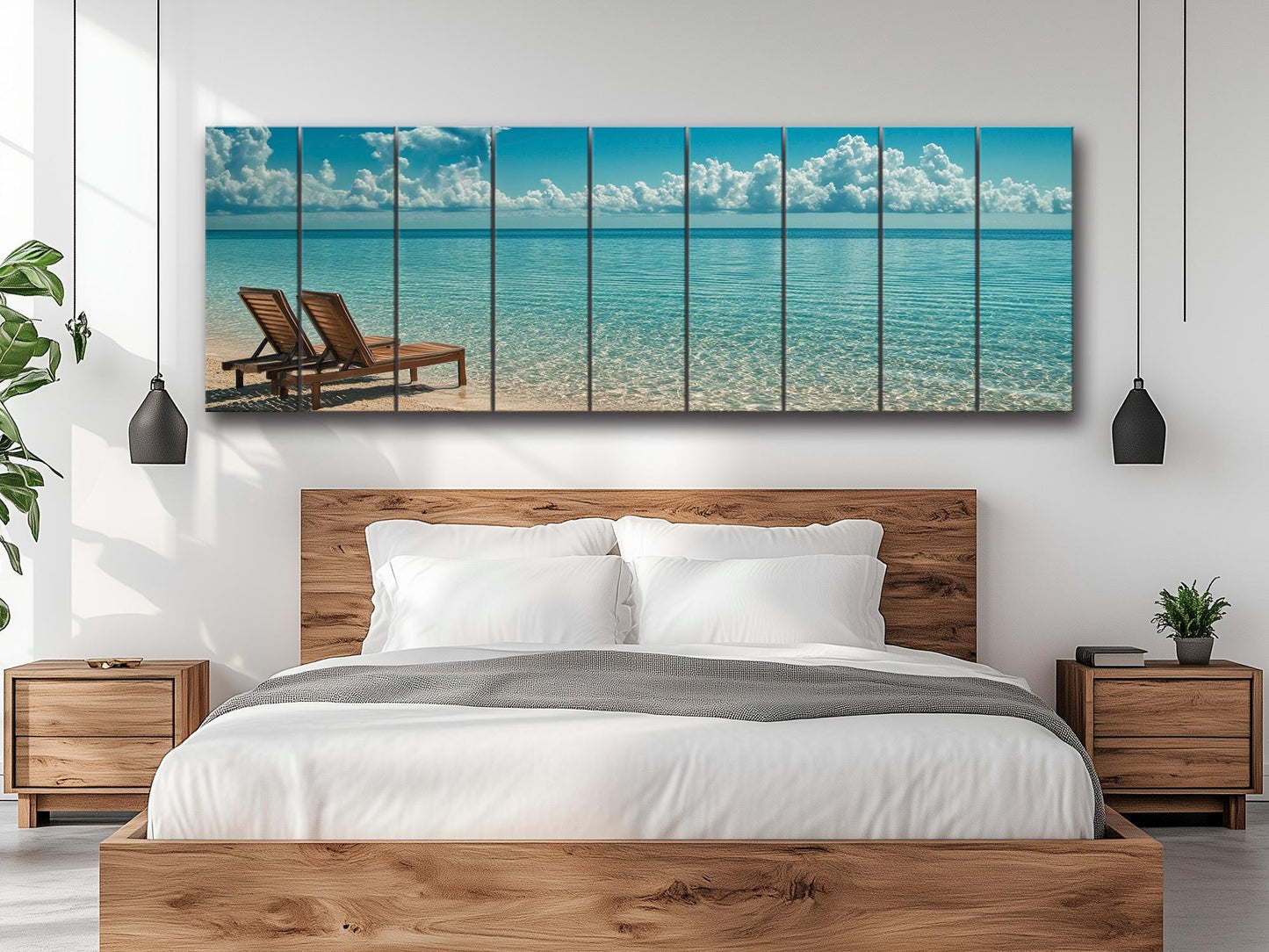 Scenic Beach with Deck Print on Natural Wood – Coastal Wall Art