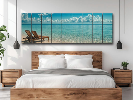 Scenic Beach with Deck Print on Natural Wood – Coastal Wall Art