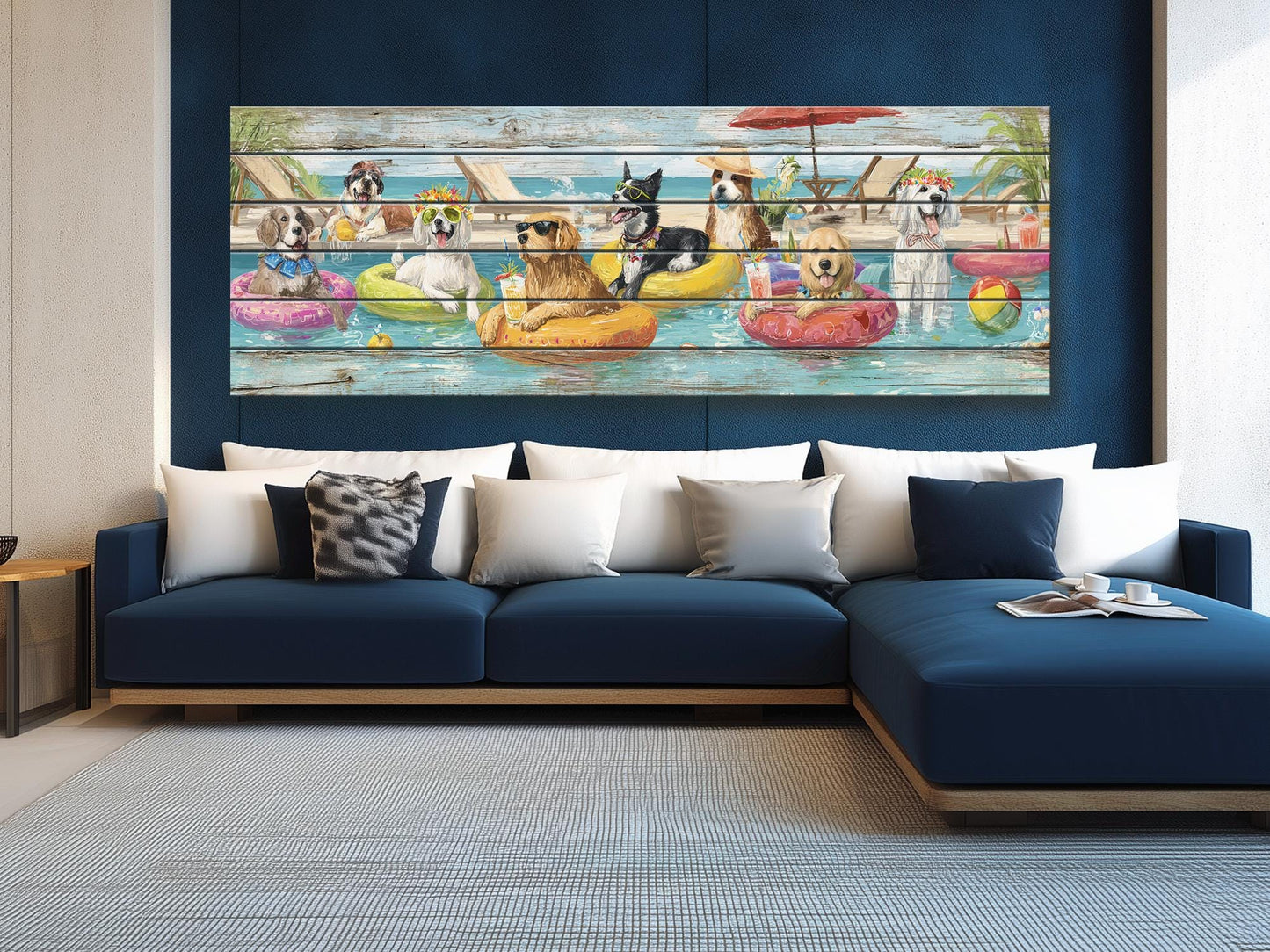 Dog Pool Wall Art – Funny Dog Painting On Rustic Wood For Summer Pool Party