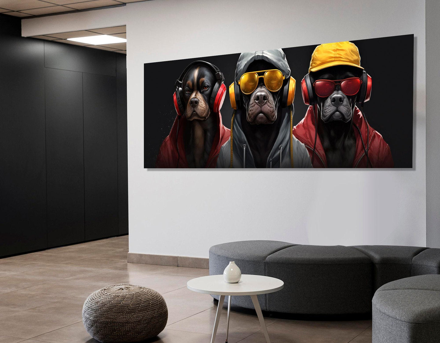 Dogs in Headphones Canvas – Modern Pet Artwork | Floating Frame Canvas, Cool Dogs Wall Decor