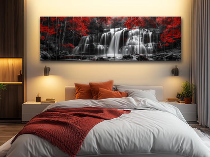 Wood Wall Art – Abstract Black White Waterfall Red Forest Print on Natural Wood