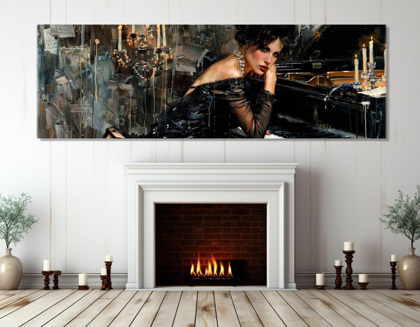Elegant Woman Painting Canvas Print, Sexy Woman in Black Dress Playing Piano Canvas Print in Giovanni Boldini Style, Ready to Hang