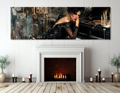 Elegant Woman Painting Canvas Print, Sexy Woman in Black Dress Playing Piano Canvas Print in Giovanni Boldini Style, Ready to Hang