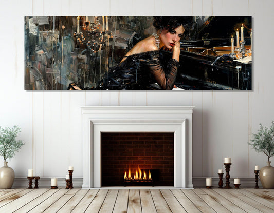 Elegant Woman Painting Canvas Print, Sexy Woman in Black Dress Playing Piano Canvas Print in Giovanni Boldini Style, Ready to Hang