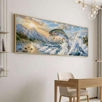 a large painting of a fish leaping out of a body of water, set against a backdrop of mountains and a sunset sky.