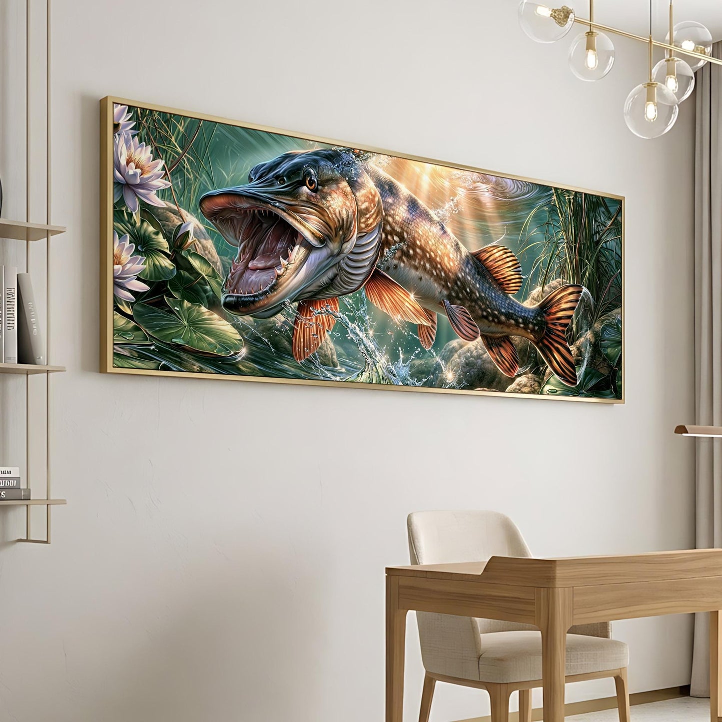 a large, colorful painting of a fish with an open mouth, hanging on a wall in a room with a wooden desk and chair in the foreground.
