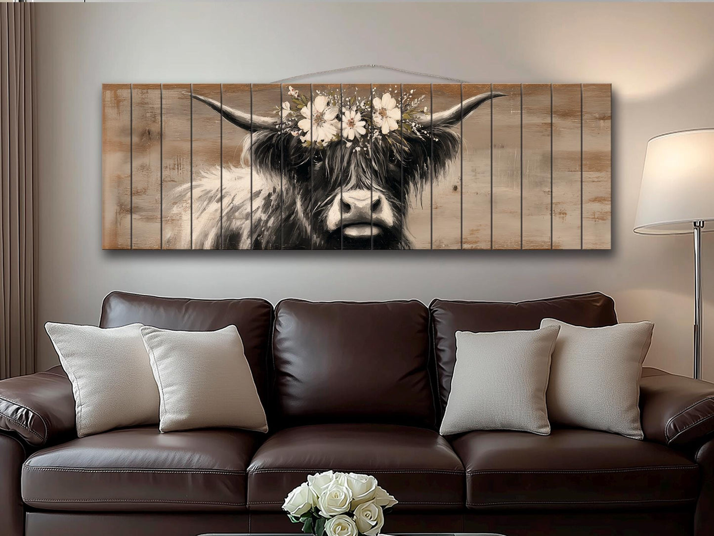 Highland Cow Wall Art – Rustic Wood Art Print | Farmhouse Wall Decor Floral Cow Print
