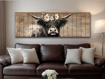 Highland Cow Wall Art – Rustic Wood Art Print | Farmhouse Wall Decor Floral Cow Print